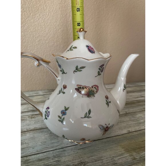 Burton + Burton Morning Meadows Teapot Butterflies Bees Flower Gold Trim - 4 Cup - Picture 5 of 16
